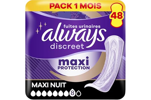 Always Discreet Extra Secure, Serviettes Pour Incontinence ou Fuites Urinaires, Fuites Importantes, Format Eco, 7 Gouttes, Ultimate Night, 48 Pochettes Individuelles (4 x 12 unités)