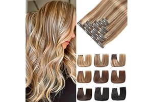 EINbeauty Extensiones Pelo Natural Clip, 7pcs natural Extensiones De Clip De Pelo Natural Human Hair Extension 80g 35cm(14Inch,P6/18K#）