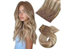 ‎MORESOO Moresoo Echthaar Extensions Clip Ombre Remy Haarextension Clip in Extensions Echthaar Hellbraun mit Goldblond Balayage Clip in Extensions Doppelt Tressen 5pcs 80g 25 cm #8/22/8