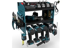 Toolganize Power Tool Organiser, Storage Rack with Power Strip Charging Station, Compatible with Makita, Heavy-Duty for Workshop & Garage Tools - 4 Slot, Makita Blue.