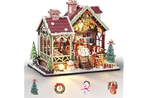Cuteefun Maqueta para Construir, Casa de Muñecas de Madera con Luz Táctil, Escena Navideña en Miniatura con Puertas Funcionales, Elección Navideños​
