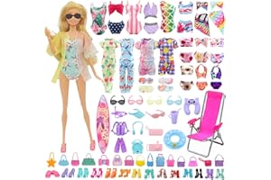 AOPIER 35Pcs Pcs Fashionable Doll Clothes Outfits and Accessories Sets for Barbie Including Bikini Swimsuits Pajamas Swimming Ring Fashion Glasses Surf Skateboard Shoes Accessories(Random Style)