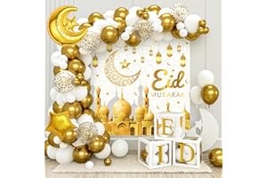 BALLOON GARLAND Eid Mubarak Ramadan Décoration Ballons Set, 70 Pièces Ballons Or Blanc, Ballons Lune et D'étoiles, Bannière de Fond de 'Eid Mubarak' et Boite Eid, Décoration pour Célébration du Ramadan Aid Moubarak