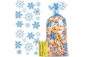 MIZIJIA 100 pieces Sacs à Bonbons Noël, Sacs à Biscuits, Sacs de Cellophane Noël, Sachets de Bonbons Friandises Cellophane Transparents Cadeaux Pochette avec Cravates Torsadées pour Les (bleu)