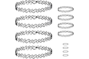 CHANRAINGYEE Choker Kette Damen Set - 90er Jahre Accessoires Mit Elastischem Halsband, 4 Halsketten, 4 Armbänder, 4 Ringe, Schwarz Tattoo