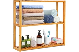 AUTUMNDEER 3-Tier Bamboo Bathroom Shelf, Multifunctional Wall Mount Storage Rack Unit, Adjustable Bookcase Layer Rack Free Standing Toilet Utility Shelves, Bathroom Kitchen Living Room Holder-Natural Bamboo