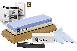 ‎BACHER BACHER Kamień Wodny do Ostrzenia Noży, gradacja 1000/6000, Zestaw Ostrzałka Kamienna z Prowadnicą, antypoślizgową podstawą bambusową, kamieniem naprawczym i szczegółowym przewodnikiem e-book