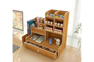 Notwoe Drewniany organizer na biurko, pojemnik na długopisy, z szufladą, duża pojemność, organizer na biurko, do domu, biura i szkoły (brązowy-A)