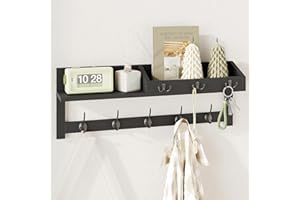 AMBIRD Wandhaken mit Regal - 67,5cm Eingangswandregal, Holzkleiderhaken mit 5 Doppelhaken, Wandmontiert (Schwarz)