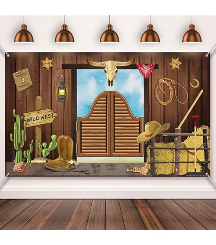 Moukeren 13 X 6 Ft Western Party Backdrop Western Cowboy Party Decoration Wild West Decor Wooden House Barn Photo Background For Birthday Wedding Supply