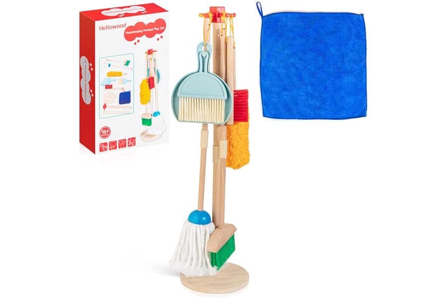 HELLOWOOD Kids Cleaning Set, 8 pcs Housekeeping Pretend Play Set Includes Broom Mop Duster Dustpan Brushes Rag and Organizing Stand, Cleaning Toys for Toddlers Girls Boys Age 3-6, Real Beech Wood