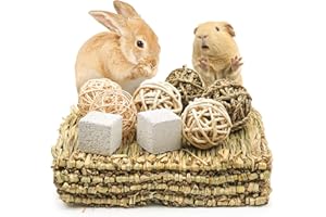 Episkey 4 Pcs Rabbit Scratch Mat Woven Grass Mat with Various Hamster Enrichment Rabbit Teeth Grinding Toys Molar Gerbil Balls Hamster Chew Toys for Bunny Syrian Hamster Guinea Pig (Mat+Ball)