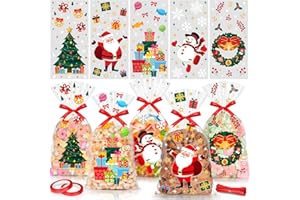 Elidepe Plätzchentüten, 100 Stück Kekstüten Weihnachten, Weihnachtstüten zum Befüllen, Cellophantüten Tüten zum Befüllen, Geschenktüten Weihnachten mit Schleife für Kekse, Schokolade, Süßigkeiten