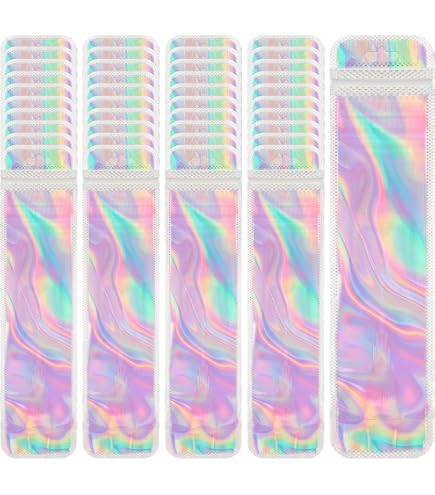 OTYMIOW 100 Sachets Hermétiques à Fermeture Éclair 14 × 20 cm Sachets d'Emballage Holographiques PET Refermables en Plastique Brillant, Emballage Holographique Transparent pour Collations et Bijoux