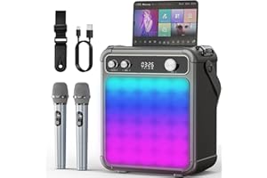 JAPOUCA Máquina de Karaoke con 2 micrófonos inalámbricos, Altavoz Karaoke Profesional para Adultos, Bluetooth portátil con Luces LED,para Fiestas,Regalo,al Aire Libre.Sostener TF/USB/TWS/Mic/AUX