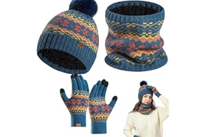 Copbopwn 3 Stück Mütze-Schal-Handschuhe-Set, Thermische Strickmütze, Schal, Handschuhe Winter Bommelmütze Fleece-Futter Schal Handschuhe Weiche dicke stricken warme Mütze Handschuhe Hals Wärmersets