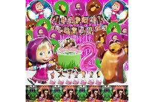 AWOUSUE Kit Compleanno Masha 2 Anni, 51 Pezzi Addobbi Masha Compleanno 2 Anni, Palloncini Compleanno Masha 2 Anni, Kit Party Masha Compleanno 2 Anni, Cupcake Topper Masha, Set Palloncini Masha 2 Anni