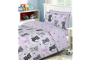 DTEX HOMES - Set di biancheria da letto per bambini, 100% cotone, reversibile, copripiumino con federe e lenzuolo con angoli abbinati (Sweet Kitten, set completo singolo)