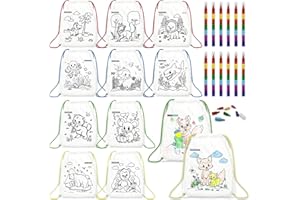 HahaMagic 12 Färbbare Beutel mit Kordelzug für Kinder mit 12 Stapelbare Wachsmalstifte (7 Farben in 1), perfekt als Stoffbeutel zum Bemalen Kindergeburtstag, Bastelset und Mitgebsel Kindergeburtstag