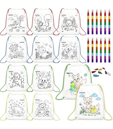 10 Kinderrucksäcke Zum Ausmalen + 5 Wachsmalfarben – Set Für Geburtstage, Schule & Feiern, 25x30 Cm