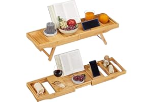 Relaxdays, nature Pont de baignoire extensible plateau tablette salle de bain 2 en 1, réglable 74,5-114 cm, bambou, métal, polyester, 1 élément