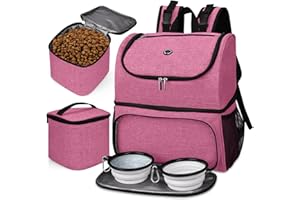 BAGLHER Pet Travel Bag, Double-Layer Pet Supplies Backpack (for All Pet Travel Supplies), Pet Travel Backpack with 2 Silicone Collapsible Bowls and 2 Food Baskets Pink