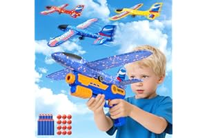 KIMIGO Aereo Polistirolo per Bambini 3-10 Anni con Pistola Catapulta e Aliante - Aeroplano Giocattolo Sicuro da Esterno, Gioco Interattivo Regalo Bambini 6 Anni