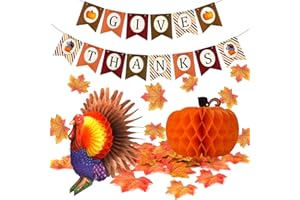 FEPITO Give Thanks Banner with Paper Colorful Turkey Pumpkin Artificial Maple Leaves Decoration Kit Total 203 PCS for Autumn Fall Party Thanksgiving Day Party Supplies Decorations