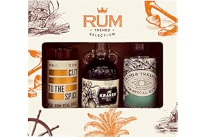 A Selection of Spiced and Flavoured Rums, including 3 x 5cl bottles. Cut Spiced Rum, Kraken and Trash & Treasure Tropical Rum Miniature. Perfect for Rum Lovers, by Blue Tree Gifts
