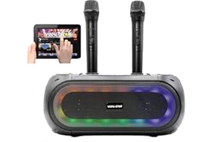 Vocal-Star Przenośna maszyna do karaoke z 2 mikrofonami bezprzewodowymi, lampkami LED, głośnik Bluetooth z regulacją basu/tonów wysokich, pasek na ramię, TWS, AUX, USB, idealna na imprezę, dla dzieci,