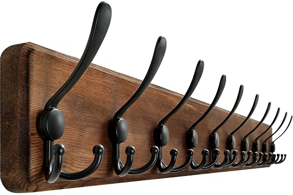 WEBI Porte Manteau Mural Bois 98cm Long,10 Crochets Triples,Patère Murale,Bois Massif Porte Manteau Salle De Bain pour Manteaux Veste,Marron