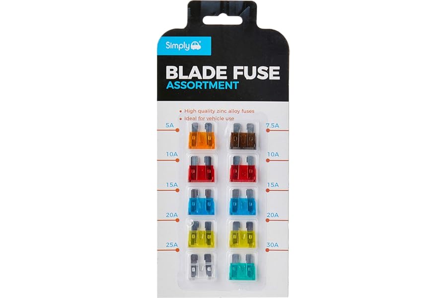 Simply BF819 Alloy Blade Fuse Assortment, Ideal for Vehicle Use, 10 Pieces and 7 Types 5A 7.5A 10A 15A 20A 25A 30A Multi-Function Car Fuse, Set of 10