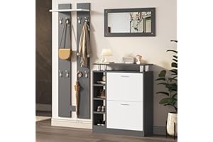 Merax Garderoben-Set 3-teilig, Flur Garderoben Komplettprogramme mit 1 Schuhschrank, 1 Wandspiegel und 2 Garderobenpaneele, Wandgarderobe mit Ablage, Stylishe Garderobenset, Flurmöbel, Grau & Weiß