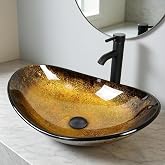 YU YUSING Countertop Bathroom Sink Basin Oval Hand Washbowl Tempered Glass with Tap Waste Set, Cloakroom Kitchen Toilet, Gold