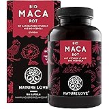 NATURE LOVE® Bio Maca - 180 Kapseln - 3000 mg Bio Maca rot pro Tagesdosis - Mit natürlichem Vitamin C, ohne Zusätze wie Stear