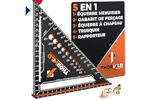 THORVALD 5 en 1 Equerre Menuisier 180 mm - Multifonction : Trusquin/Raporteur/Gabarit de percage/Equerre a chapeau - Aluminium - Outil pour gagner du temps