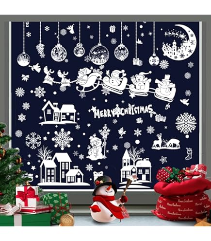 Lot De 9 Autocollants Fenêtre Noël - Décoration Hiver Flocons De Neige Villages - PVC Réutilisable 30x20cm - Pour Vitres, Miroirs