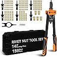 BLOSTM 14" Rivet Gun Set - Rivnut Tool Kit with 150 Rivet Nuts & 6 Metric Mandrels (M3, M4, M5, M6, M8, M10), Heavy Duty Hand Rivet Nut Tool Set - Ideal for Auto Repairs, DIY - With Storage Case