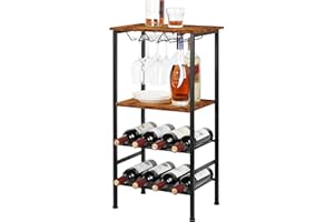 YBING Estante de Vino Independiente para Bar de Vino con Soporte de Vidrio y Mesa, 8 Botellas, mesas de Vino de Madera con estantes, Organizador de Botellas de Vino de 4 Niveles (Marrón)