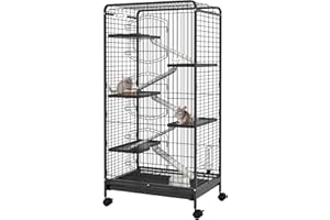 PawHut Cage pour rongeurs Cage pour Petits Animaux Roulante 5 Rampes 5 Plates-Formes Plat et Bouteille d'eau Bac Inférieur Amovible pour Lapin Vison d'animaux Chinchilla Acier PP 61,5x44x131cm Noire