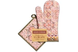‎MAISON D' HERMINE Maison d' Hermine Ofenhandschuh + Topflappen aus 100% Baumwolle, hitzebeständige Küchen-Ofenhandschuh(19cm x 33cm) & Topflappen(20cm x 20cm) für Köche, Damen, Damask – Erntedankfest/Weihnachten