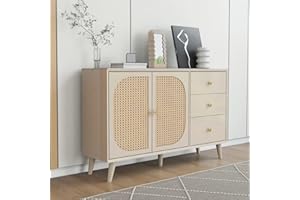 Sweiko zeitgemäße Kommode mit 2 Türen und 3 Schubladen, Rattan Türkommoden mit Schubkasten, Sideboard TV-Schrank Schubladenkommode Holz Mehrzweckschrank für Flur Schlafzimmer Wohnzimmer Esszimmer