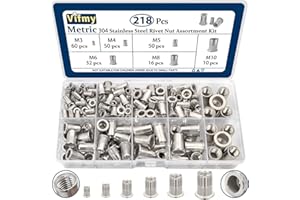 Vifmy Metric 304 Stainless Steel Rivet Nut Assortment Kit(218 Pcs),M3 M4 M5 M6 M8 M10 Flat Head Rivnut Set,Rivnut Threaded Insert Nut
