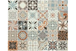 AMBIANCE STICKER 30 Stickers adhésifs carrelages | Sticker Autocollant Carreaux de Ciment - Mosaïque carrelage Mural Salle de Bain et Cuisine | Carreaux de Ciment adhésif Mural - azulejos - 10 x10 cm - 30 pièces