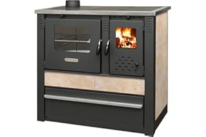 ProTermo Kaminofen Panonia in Beige mit Abzug Links - 10,54 kW Heizleistung - 90x51x85 cm Holzofen mit Backfach und Herdplatte [Energieeffizienzklasse A+] ohne selbstschließender Tür - Bauart 2