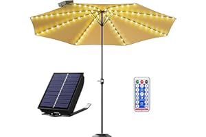 ELETOROT Solar Parasol Lights LED, Garden Umbrella String Lights Solar Powered with Remote Control, Type-C Rechargeable Waterproof Umbrella Lights for Patio Garden Outdoor Decor, Warm White