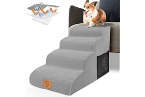 HEVOL Thihome Escaleras para Perros a 4 Escaleras, Rampa de Espuma de Alta Densidad para Mascotas, Escalera Antideslizante para Perros con Funda Lavable para Ancianos, Gris