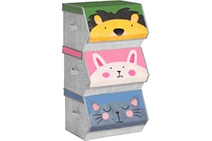 ‎SONGMICS SONGMICS Aufbewahrungsboxen, 3er Set, Faltboxen, Stoffboxen mit Griffen, Organizer, magnetischer Deckel, für Kinderzimmer, Spielzimmer, Tier-Motive, rosa, blau, grün und grau RFB760P01