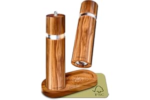Moulin à sel et poivre en bois d'acacia avec dessous de verre - Bois FSC durable - Broyeur en céramique durable - Sans plastique
