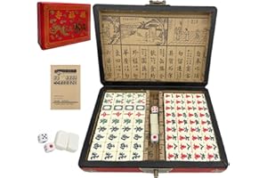 TourKing Chinese Mahjong Mah Jongg Board Game Set With 144PCS Mahjong Tile Set, 2PCS Dot Dice & 6.7” Wooden Carry Case for Travel, Family Gathering, Party